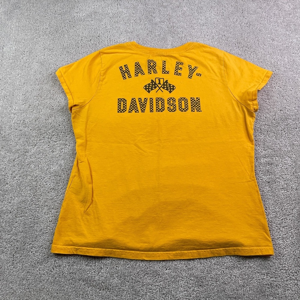 Harley Davidson Shirt Womens Large Yellow Biker‎ Checkered Flags Logo Tee